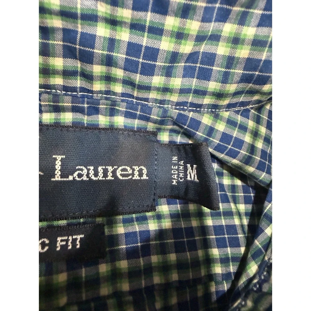 Ralph Lauren Polo Shirt Mens Medium Classic Fit Pony Long Sleeve Green BluePlaid